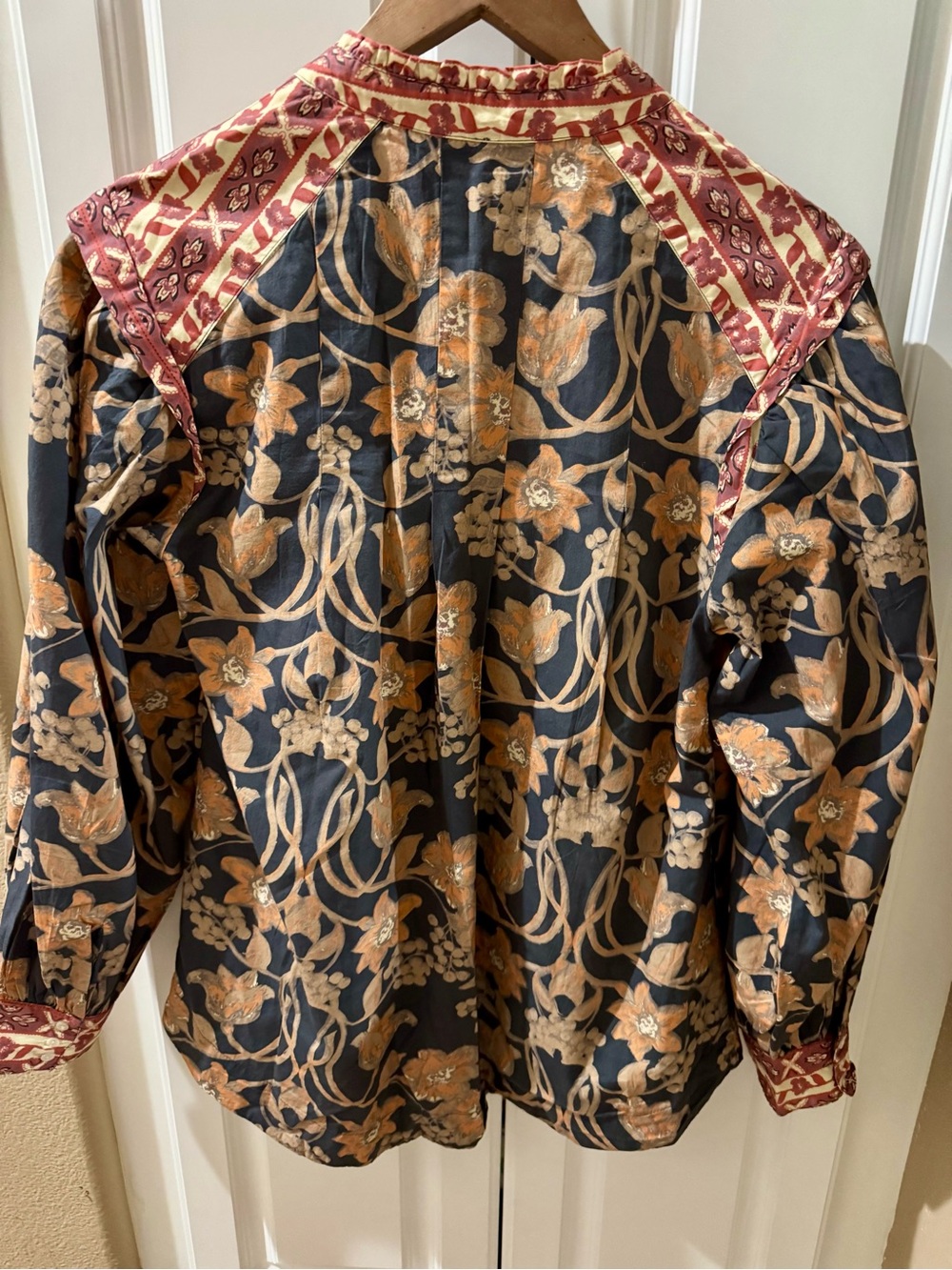 Free People Black Floral Puff-Sleeve Blouse with Rust Trim - Picture 2 of 5